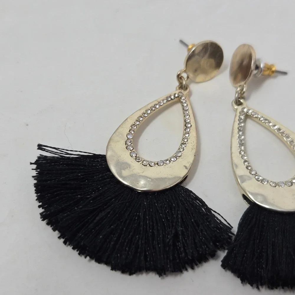 Loft Gold Tone Crystal Pave Teardrop‎ Black Fan Tassel Drop Earrings